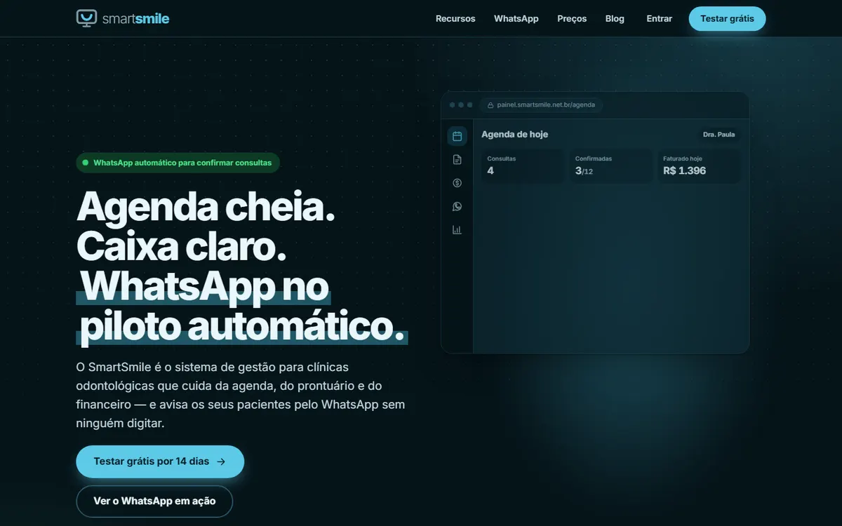 Página inicial do site do SmartSmile, com o painel de agenda do sistema.